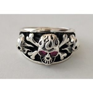 925 Sterling Silver Ruby Skulls Ring Size 12